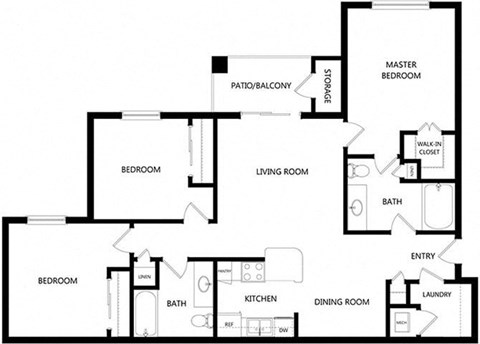 Floor plan for 3 beds, 2 baths, 1280 sqft